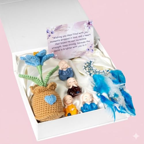 Image of Rarejoy Gift for Women | Valentine Gift for Girlfriend | Birthday Present for Wife | Handcrafted Crochet Lily Flower, Moon Dreamcatcher, Monks & Greeting | Anniversary, Rakshabandhan, Gift for her