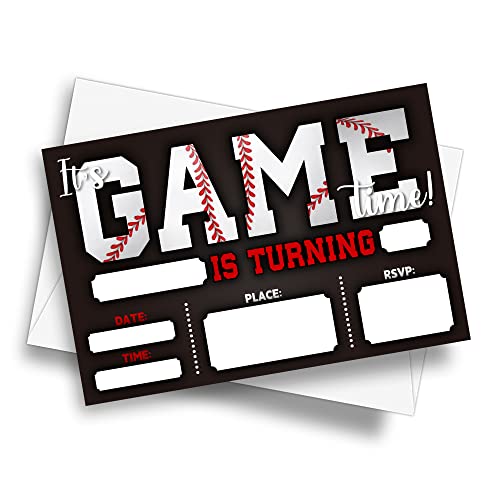Image of DETIHO 4 inch x 6 inch Baseball Theme Birthday Party Invitation Cards With Envelopes - It's Game Time - Sports Theme Party Invitation - 20 Sets - E06