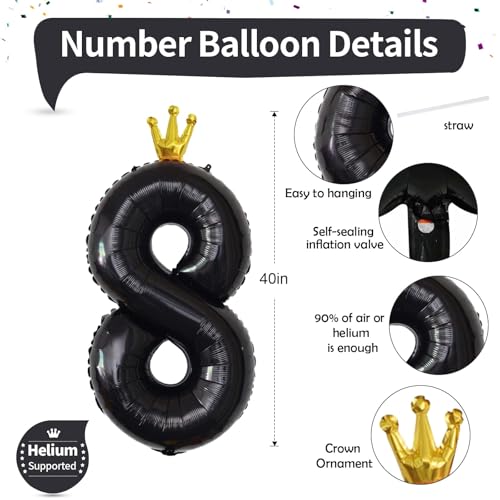 Image of 40 Inch Black Number Balloons, Big Crown Foil Number 8 Balloons for Kids 8th Birthday, Self Inflating Balloon Decorations 0-9 Set for Girls Boys Birthday Party Decoration Anniversary Party Supplies