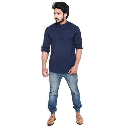 Image of Men's Linen Chinese Collar Full Sleeve Plus Size Short Kurta