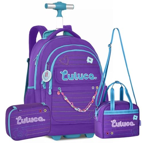Kit Mochila Luluca de Carrinho Nylon Matelassê Com Lancheira e Estojo 33 Litros (Lilás)