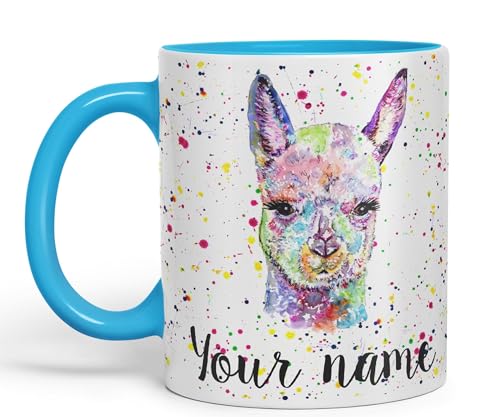 Vixar Personalised with Your Text Alpaca Llama Watercolour Art Coloured Ceramic Mug Cup Gift 330ml 11oz Custom Work Office Tea Coffee (L Blue)