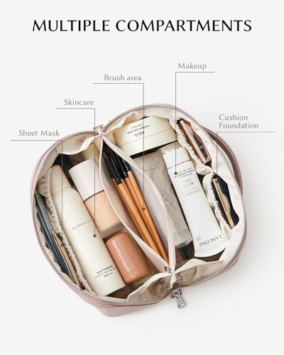 Image of EACHY Travel Makeup Bag, Lychee Large Capacity Cosmetic Bag for Women, Open Flat Toiletry Bag with TPU Brush Compartment, Waterproof Skincare Organizer Travel Essentials (AI-Ash Pink, Medium)