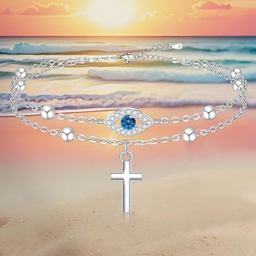 Image of Evil Eye Anklet Sterling Silver Infinity Lotus Flower Evil Eye Anklets for Women Ankle Bracelets Turkish Blue Eyes Protection Chain Jewelry