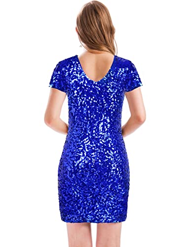 Image of MANER Women's Sequin Glitter Short Sleeve Dress Sexy V Neck Mini Party Club Bodycon Dresses