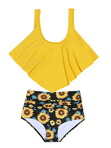 WDIRARA Women's 2 Piece Set Sunflower Print Tankini Scoop Neck High Waist Bikini Swimsuit