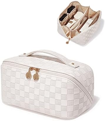 EACHY Travel Makeup Bag,Large Capacity Cosmetic Bags for Women,Waterproof Portable Pouch Open Flat Toiletry Bag Make up Organizer with Divider and Handle (Plaid-White)
