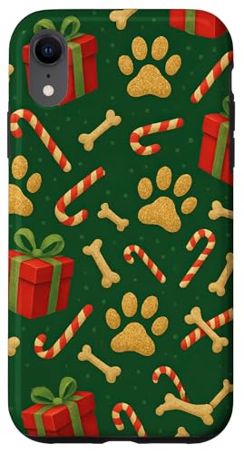 犬 クリスマス パターン 足跡 骨 休日 冬 スマホケース iPhone XR 用