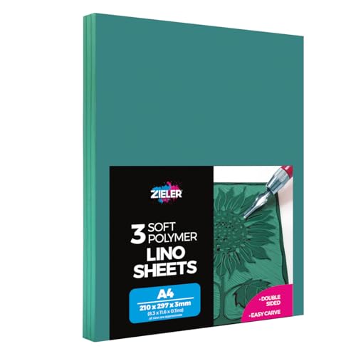 A4 Lino Sheets - Lino Printing Block Sheets - by Zieler® - Double-Sided, Easy-Carve Soft Lino Block (A4 Size: 297 x 210 x3mm) Sheets. Ideal for School or Home - (Pack of 3 Sheets)