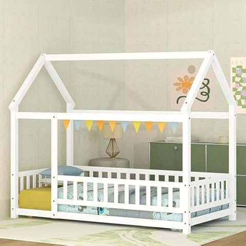 Bellemave Twin Size House Floor Bed,Wooden Montessori Bed with Fence and Roof for Kids,Twin Bed Frame for Boys,Girls(Twin,White) Cover