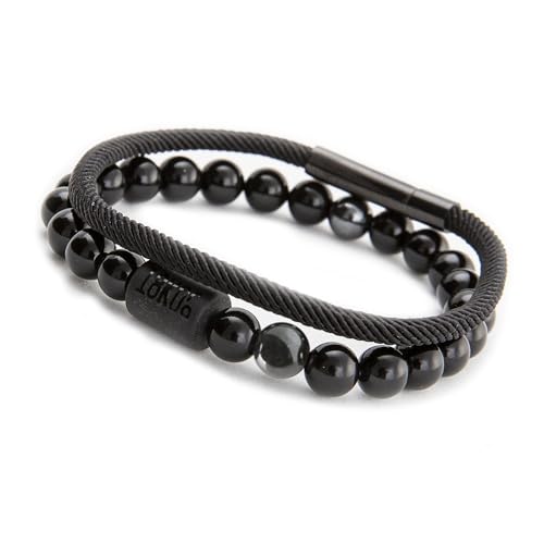 18KOra Pulseras hombre piedras naturales 8mm | Set 2 piezas (ónix elástica + cuerda náutica) | Regalo elegante Día del Padre y eventos especiales, versátil, resistentes al agua y duradero (Negro)
