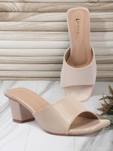 Image of Denill Women's Slip-On Heeled Sandals Square Toe, Textured Upper & Non-Slip Sole