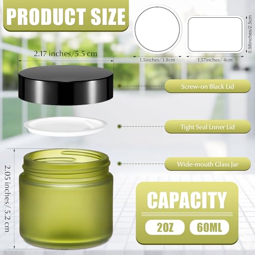 Layhit 60 Pcs 2 oz Glass Jars with Lids Bulk, Empty Round Cosmetic Jars Travel Storage Jar with Inner Liners White Labels for Candle Scrubs, Lotions, Cosmetic, Spice, Powder (Green,Black Lid)2