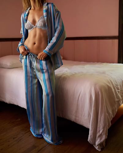 Image of Women Floral Satin Pajamas Long Sleeve Button Shirt Silk Wide Leg Pants Set