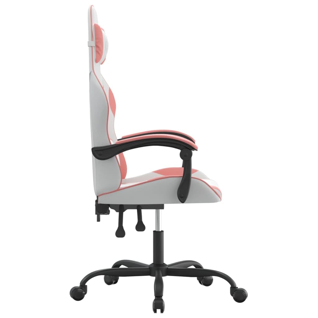 Krzesło gamingowe w kolorze białym i różowym ze sztucznej skóry z regulowanym oparciem i wysokością, ergonomiczne krzesło obrotowe z podłokietnikami, kółkami i wygodnym siedziskiem dla graczy