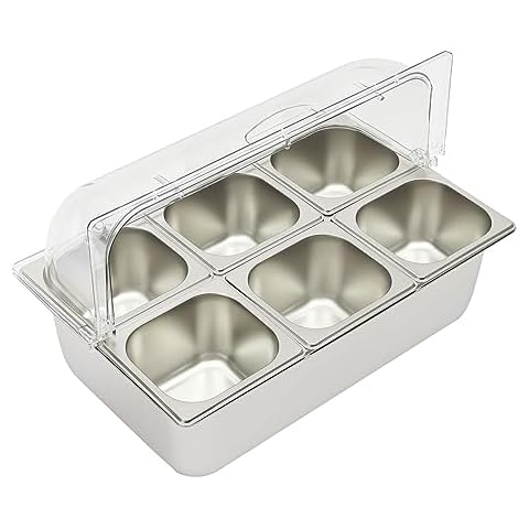 TITIDU Ice Food Serving Display Tray with Clear Roll Top Cover 6 Pans Stainless Steel Buffet Cold Serving Seafood Fruit Party Buffet Cooling Food Dish Display Plate Holder Case with Lid Cover