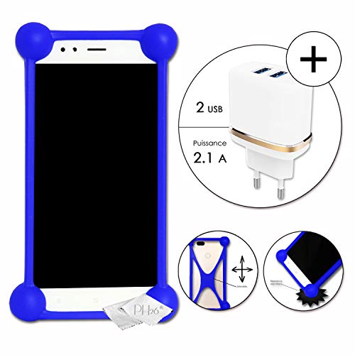 Echo Feeling Pack Coque Bumper Bleu Antichoc en Silicone de qualité + Super Chargeur Secteur Ultra Rapide 2 X USB 2.1A