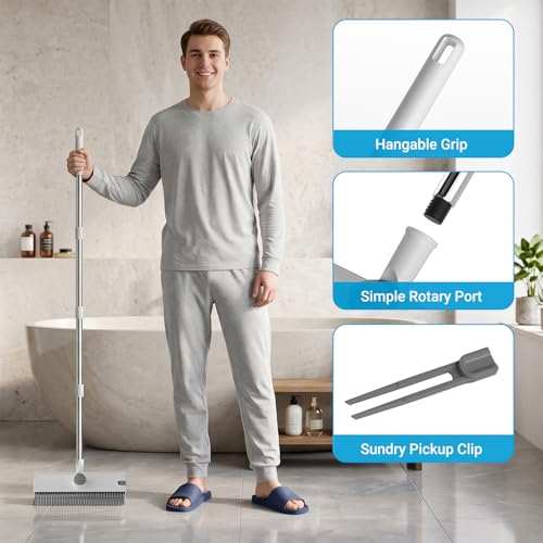 Image of Pool Scrub Brush with 52 inch Pole, 3 in 1 Pool Cleaning Brush with Squeegee, Floor Scrub Brush with Long Handle, Deck Brush for Swimming Pool Tile Wall Patio Concrete White
