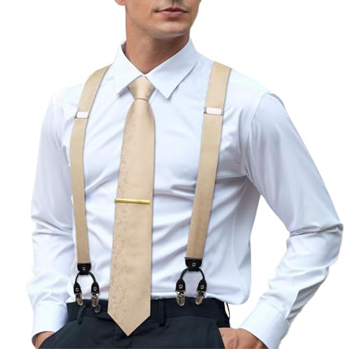 Image of Hi-Tie Men's Suspenders and Tie Set Silk Adjustable Elastic Y Braces with Strong 6 Clips Pocket Square Set