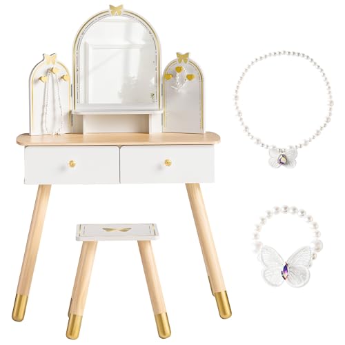 Image of ROBOTIME White Kids Vanity Set Butterfly Mirror & Stool Small Girl Vanity Desk with 2 Drawers Kids Make up Pretend Play Table Ideal Birthday for Toddler Age 3+ Bedroom Playroom Decor