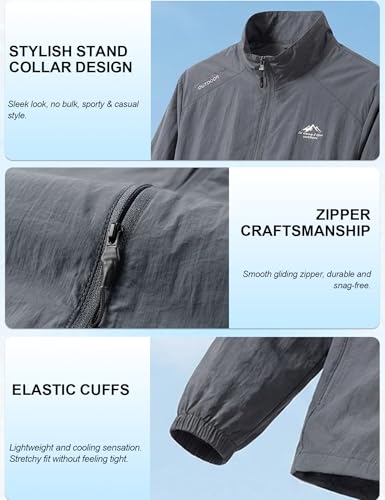 Image of Venzina Sunscreen Jacket for Men Sunproof Jacket for Men UPF 50+ Slim Fit Stand Collar Wind Resistant Packable Breathable Quick Dry Running Bike Outdoor Sports Grey L