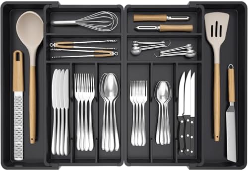 Lifewit Große Besteckkasten für Schubladen, Einstellbar Breite 46,3-70 cm | Tiefe 42 cm, 10-12 Fächern, Abnehmbarer Kunststoff Schubladen Organizer Küchen für Messer Gabel Löffel,