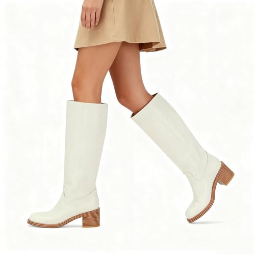 Image of ZJGZF Womens Banana Knee High Boots Square Toe Comfortable Boots Block Heel Riding Boots Wide Calf Tall Boots