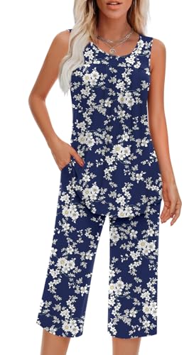 Image of Findsweet Women Pajamas Sets Loungewear Soft Sleepwear Two Piece Summer Sleeveless Pjs Tank Top Pants with Pocket S-4XL