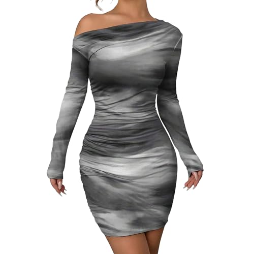 Image of Women's Long Sleeve Bodycon Mini Dress Tie Dye Print Slim Fit Asymmetrical Neck Elegant Formal Ruched Short Dresses