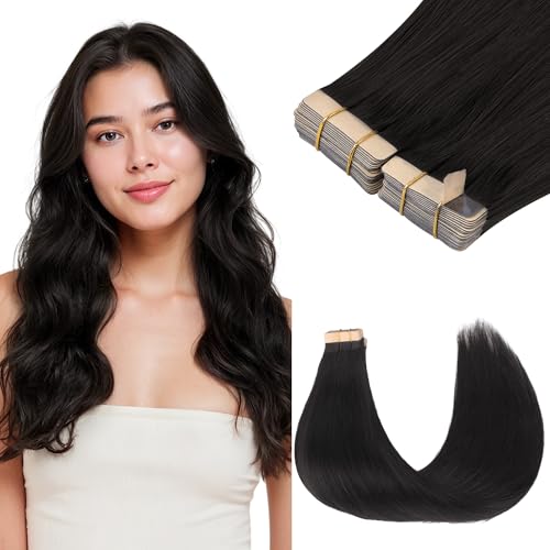GOO GOO Tape in Hair Extensions Human Hair, 1B Natural black, 20inch 100g 40pcs, Skin Weft Seamless Invisible, Silky Straight with Thick Ends, Remy Human Hair