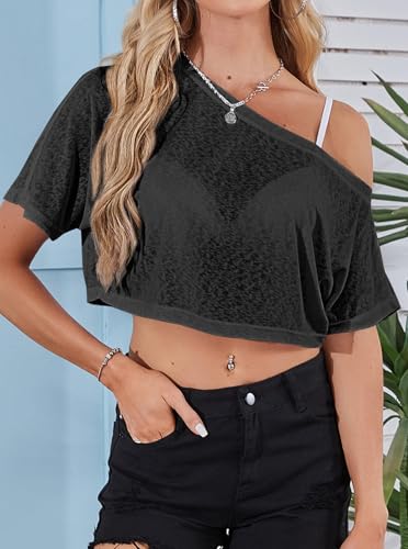 LovelyWholesale Womens Off The Shoulder Mesh Tops Short Sleeve Cropped T Shirt Clubwear4