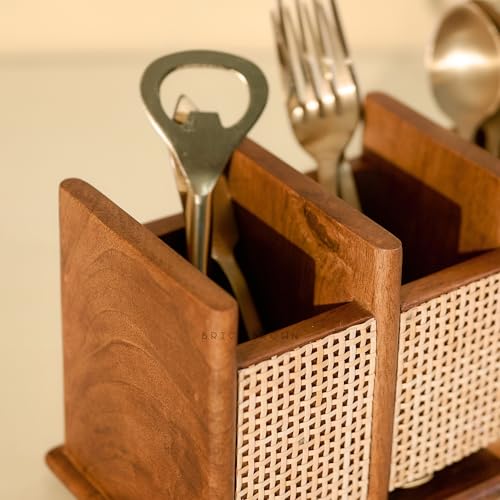 Image of Brick Brown Premium Wooden Nora Cutlery Holder Spoon Stand for Kitchen | Cutlery holder for Dining table | Wooden Caddy Storage Organiser Stand with 3 Section Caddy Holder (8.4x4x4.7 inch)