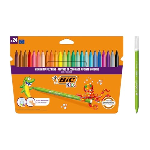 BIC Kids Filzstifte Kid Couleur, Fasermaler zum Malen in 24 auswaschbaren Farben, mit stabiler Spitze, im Karton Etui, ab 5 Jahre