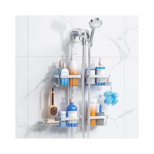 Sewulidon Aluminum Alloy Hanging Shower Caddy for Handheld Shower Heads Rustproof Hose Shower Organizer 4 Levels Height Adjustable Shower Rack with Hooks Razor Holder Soap Holder