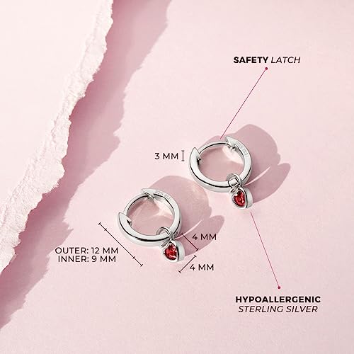 Image of In Season Jewelry Simulated Birthstone Heart Charm Girls Hoop Earrings for Kids - 925 Sterling Silver Little Girl Hoop Earrings - Hypoallergenic & Comfortable with Secure Latch Closure