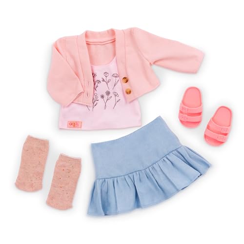 Our Generation - Ländlicher Charme - 46 cm Puppenkleidung - Rosa Pullover & Blauer Rock Outfit - Top mit Blumendruck - Vorgetäuschtes Spiel - Spielzeug für Kinder ab 3 Jahren