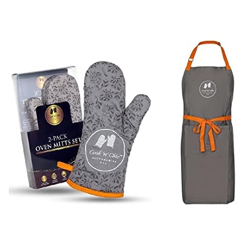 Premium Oven Mitts and Essential Chef's Apron - 500°F Heat Resistant - 30"x34" for Kitchen Cooking Baking - Flexible Soft Terry Cloth Cotton Lining Cover