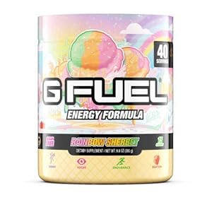 G Fuel Rainbow Sherbet Energy Powder, Sugar Free, Clean Caffeine Focus Supplement, Water Mix, Focus Amino, Vitamin + Antioxidants Blend – 9.8 oz (40 Servings)