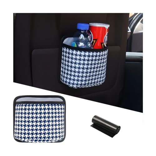 Image of Car Trash Can, Mini Foldable Vehicle Garbage Organizer with 15PCS Bin Bag, Check Pattern Auto Interior Hanging Bin Container Accessoies, Universal for SUV Sedan Truck (Blue /White)