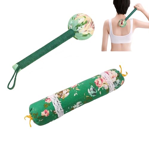 GCFTIFF 2pcs Manual Massage Tools,Manual Whole Body Wormwood Massage Hammer(12in)& Mugwort Pillow(15in), Lymphatic Drainage Tool,Back Knock Long Handheld Massage Stick for Back Pain Relief(Green)