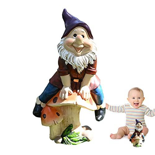 Divertidos gnomos de jardín – Divertido enano de jardín de resina sentado sobre hongos | Figura de gnomo de resina dulce decoración exterior para terraza, patio, patio, césped, porche, decoraciones,