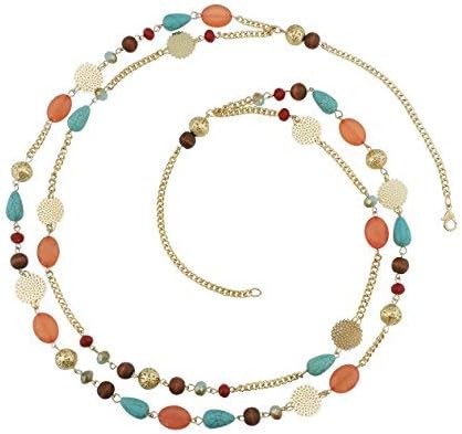 Bocar 14K Gold Plated Link Chain 2 Layer Crystal Wood Acrylic Colorful Women Party Long Necklace Gift (NK-10084-coral)