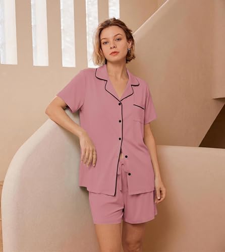 Image of Ekouaer Womens Pajamas Set Soft Classic Notch Collar Bride Pjs Comfy Short Sleeve Sleepwear Loungewear