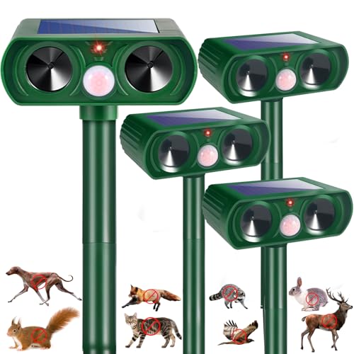 4 Pack Solar Ultrasonic Animal Repeller Outdoor Motion Activated Cat Deterrent & Deer Repellent Devices for Yard Garden IP65 Waterproof Ultrasonic Pest Repeller for Squirrel Raccoon Dog Skunk Rabbit