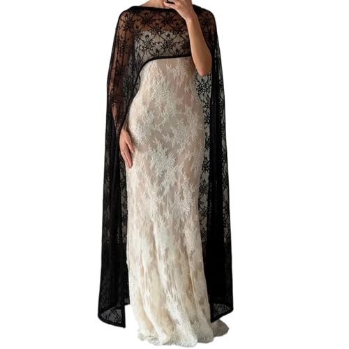 Amiblvowa Women Sheer Floral Lace Ponchos Y2K Mesh Bridal Cape Shawl Wraps Asymmetrical Flowy Evening Party Cover Up Capelet (Cute Lace Black One Size)