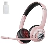 Surpixo Wireless Headsets with Microphone, Ultra Lightweight& 50+ Playtime, Wireless Headset for Cell Phones, On Ear Bluetooth Headphone Fit for PC/Call Center/Computer/Laptop/Teams - Light Pink