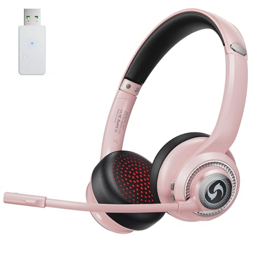 Surpixo Wireless Headsets with Microphone Ultra Lightweight& 50+ Playtime Wireless Headset for Cell Phones On Ear Bluetooth Headphone Fit for PC/Call Center/Computer/Laptop/Teams - Light Pink