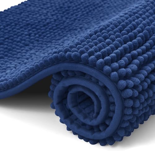 OLANLY Chenille Badematte rutschfest Badezimmerteppich Weich Badteppich Saugfähige Badvorleger Waschbar Duschvorleger für Badezimmer, 40 x 60 cm, Marine Blau