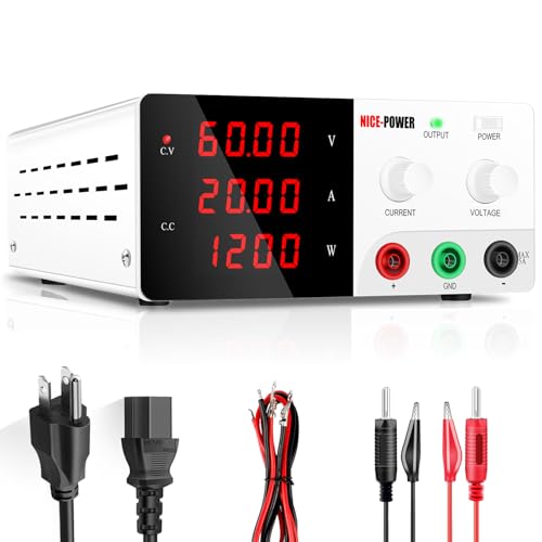 NICE-POWER DC Power Supply Variable, 0-60V 0-20A 1200W High Power Bench Power Supply with Encoder Knob &amp; Output Switch, Benchtop Adjustable Switching Regulated Power Supplies for Repair/Test(White)