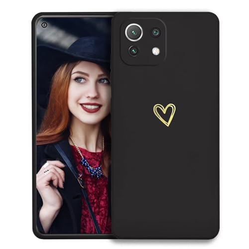 POUHYE Cover per Xiaomi Mi 11 5G Custodia Originale, Gomma Gel di Silicone Liquida Cover con Protezione Fotocamera, Morbida Sottile e Antiurto AntiGraffio Case con Motivo a Amore Cuore Nero